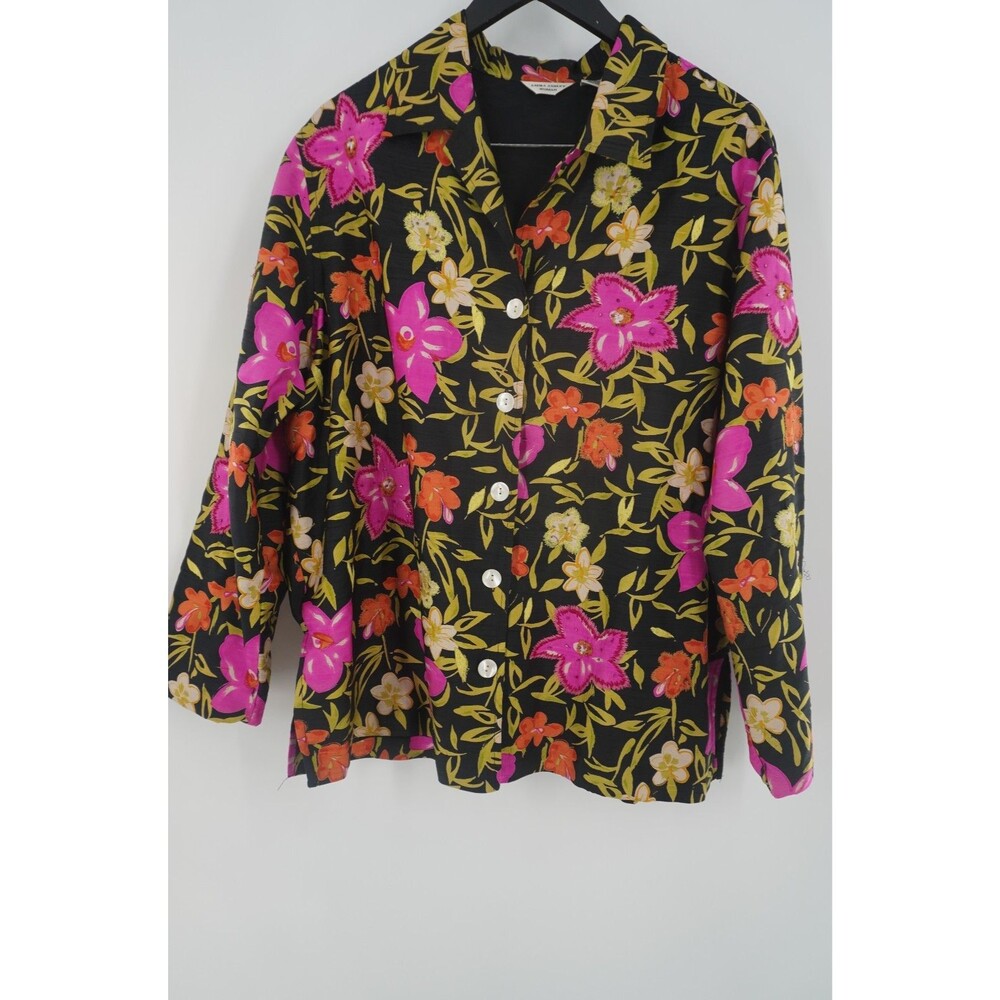 LAURA ASHLEY 100% Silk Jacket Floral Black Pink Tropical Embroidered Blouse Sz1x
